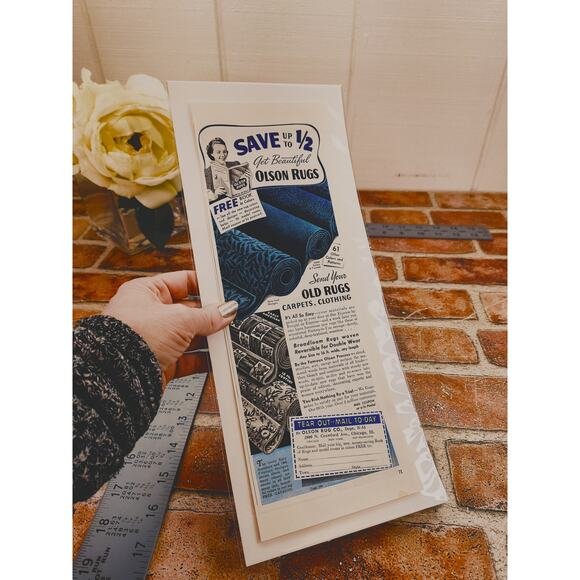 1942 Olson Rugs Ad - Reworked from Old Carpets - Vintage Home Decor Print Advert - Picture 2 of 5